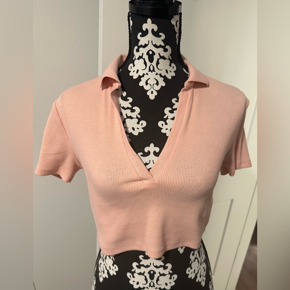 Zara pink salmon ribbed collared neck polo short sleeve crop top - Picture 3 of 8